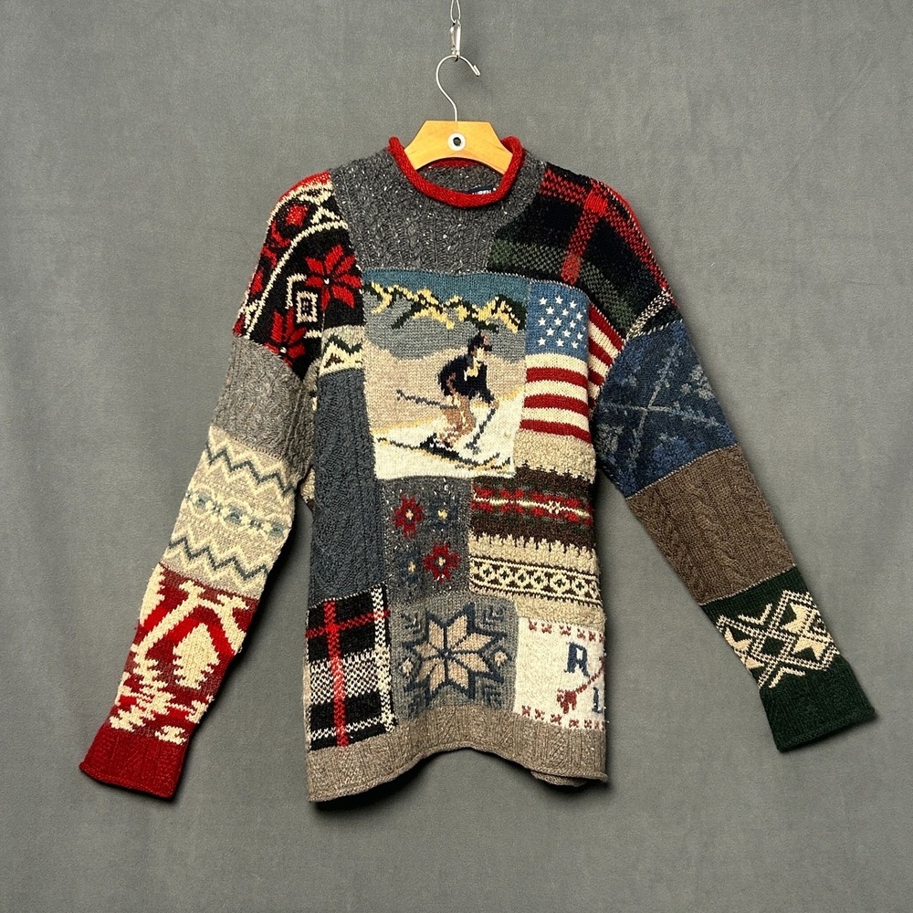 Vintage Polo Ralph Lauren Suicide Ski Down Hill Quilted Wool Knit Sweater Size L